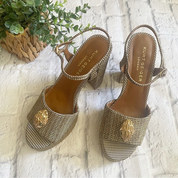 Kurt Geiger Kensington platform heels sandal Eagle sequined gold sparkle - Picture 4 of 7
